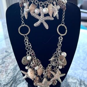 Starfish and Shell Necklace with Silver  & Cream Accents Mermaid Costume Jewelry
